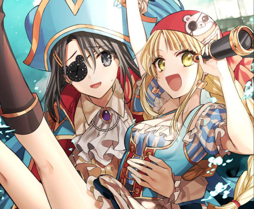 2girls :d animal_print arm_up ascot bang_dream! bangs bear_print black_eyes black_footwear black_hair blonde_hair boots braid brooch carrying collared_shirt earrings eyepatch frilled_sleeves frills gambe hair_between_eyes hair_ornament hairclip hat head_scarf holding jacket jewelry legs_up long_hair multiple_girls okusawa_misaki open_mouth pirate pirate_hat princess_carry shirt short_sleeves sidelocks skirt smile sweatdrop telescope tsurumaki_kokoro twin_braids white_neckwear yellow_eyes