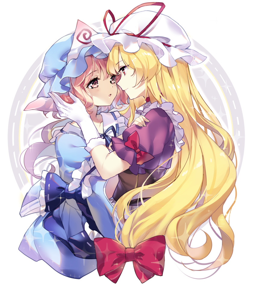 2girls absurdres bangs blonde_hair blue_bow blue_hat blue_kimono bow choker closed_mouth commentary_request dress eye_contact eyebrows_visible_through_hair gloves hair_bow hand_on_another's_shoulder hat hat_ribbon highres japanese_clothes kimono long_hair looking_at_another mob_cap multiple_girls pink_eyes pink_hair puffy_short_sleeves puffy_sleeves purple_dress red_bow red_choker red_eyes red_ribbon ribbon ribbon_trim saigyouji_yuyuko sheska_xue short_sleeves simple_background sparkle touhou triangular_headpiece upper_body very_long_hair white_background white_gloves white_hat yakumo_yukari yuri