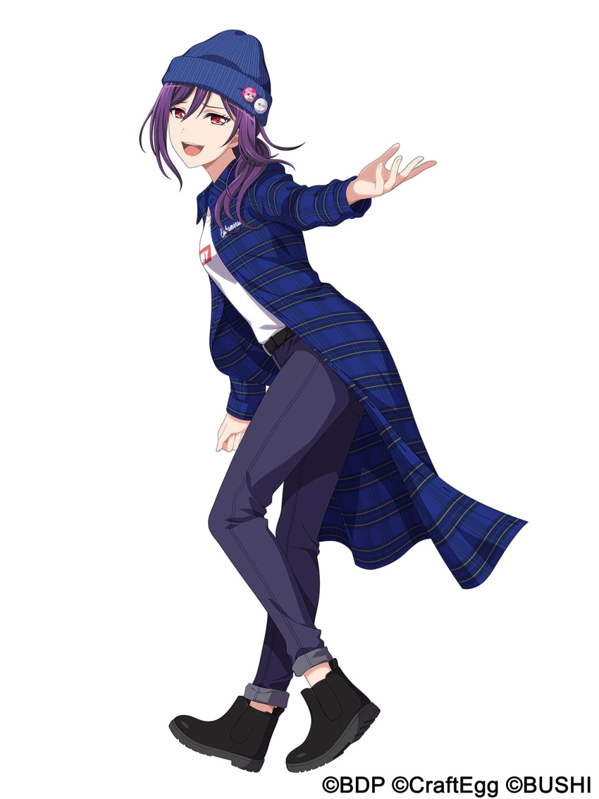 1girl :d bang_dream! black_footwear black_pants blue_cape blue_hat boots cape full_body hair_between_eyes hat highres leaning_forward long_hair looking_at_viewer open_mouth outstretched_arm pants purple_hair red_eyes seta_kaoru shirt simple_background smile solo standing striped_hat white_background white_shirt