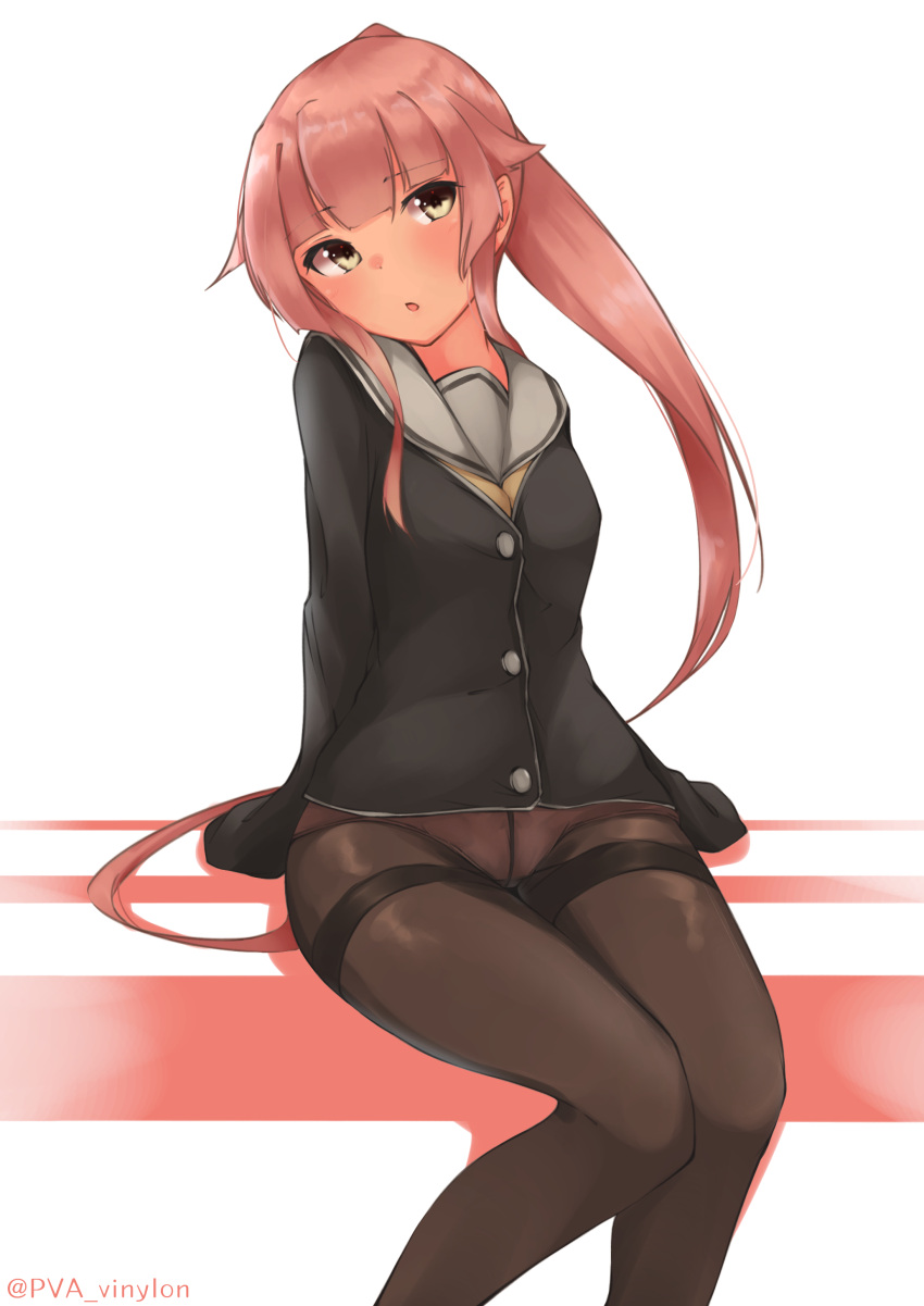 1girl absurdres bangs blunt_bangs blush commentary_request crotch_seam hair_flaps head_tilt highres kantai_collection legs long_hair looking_at_viewer no_pants panties panties_under_pantyhose pantyhose parted_lips pink_hair ponytail school_uniform sidelocks simple_background sitting sleeves_past_wrists solo thighband_pantyhose thighs twitter_username underwear uut very_long_hair white_background yellow_eyes yura_(kantai_collection)