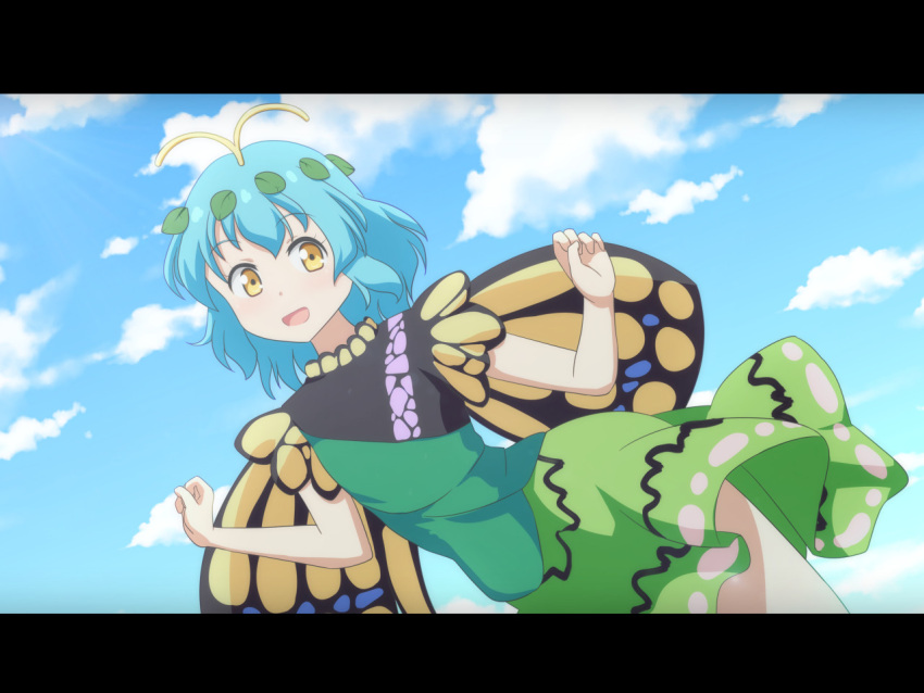 1girl :d bare_arms blue_hair blue_sky butterfly_wings cato_(monocatienus) clouds commentary_request day dress dutch_angle eternity_larva eyebrows_visible_through_hair green_dress hair_ornament hands_up leaf_hair_ornament letterboxed looking_at_viewer medium_hair open_mouth outdoors sky smile solo touhou wings yellow_eyes
