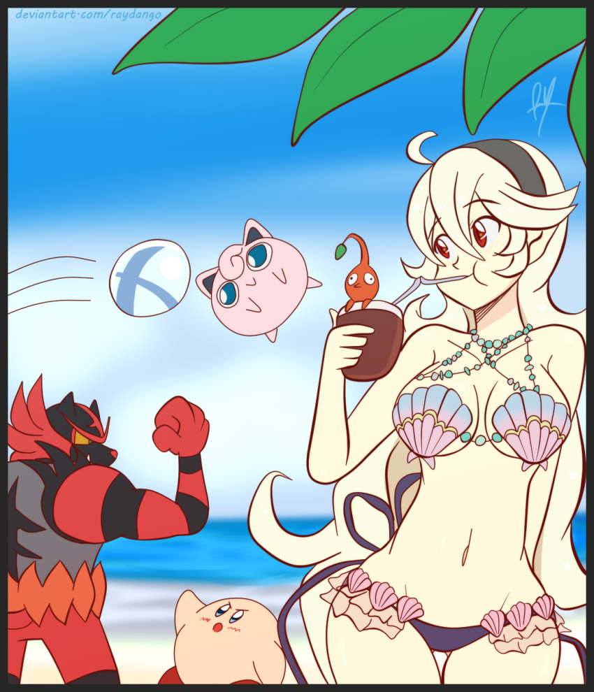 1girl beach bikini claws creatures_(company) female_my_unit_(fire_emblem_if) fire_emblem fire_emblem_cipher fire_emblem_heroes fire_emblem_if game_freak gen_1_pokemon gen_7_pokemon hair_between_eyes hair_ornament hairband highres incineroar jigglypuff kirby kirby_(series) long_hair mamkute my_unit_(fire_emblem_if) nintendo open_mouth pikmin_(creature) pikmin_(series) pointy_ears pokemon pokemon_(creature) pokemon_(game) pokemon_sm raydango red_eyes sharp_teeth shell shell_bikini silver_hair smile super_smash_bros. super_smash_bros._ultimate swimsuit tail teeth white_hair