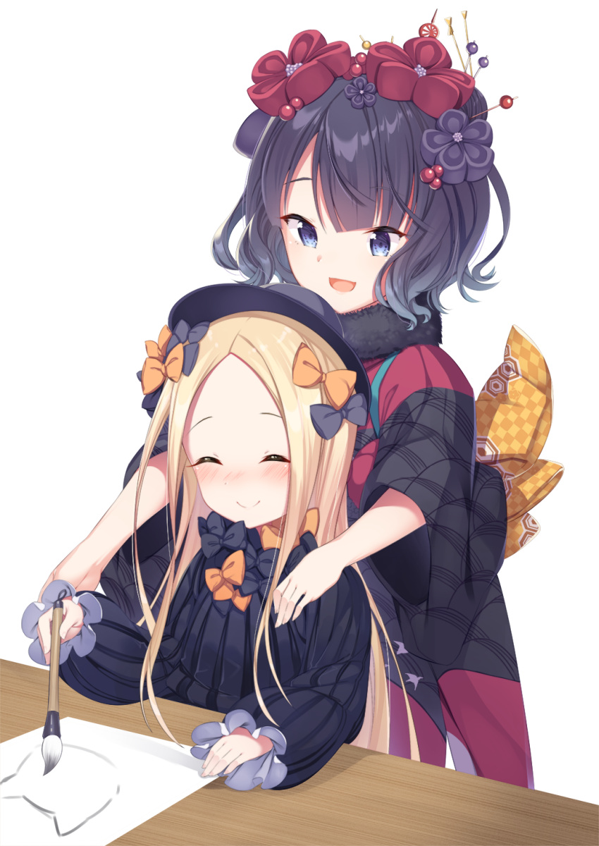 2girls :d ^_^ abigail_williams_(fate/grand_order) bangs black_bow black_dress black_hat black_kimono blonde_hair blue_eyes blush bow calligraphy_brush closed_eyes closed_eyes closed_mouth commentary_request drawing dress facing_viewer fate/grand_order fate_(series) fingernails forehead hair_bow hair_ornament hat highres holding holding_paintbrush japanese_clothes katsushika_hokusai_(fate/grand_order) kimono long_hair long_sleeves multiple_girls open_mouth orange_bow paintbrush parted_bangs polka_dot polka_dot_bow purple_hair smile table thiana0225 very_long_hair white_background wide_sleeves
