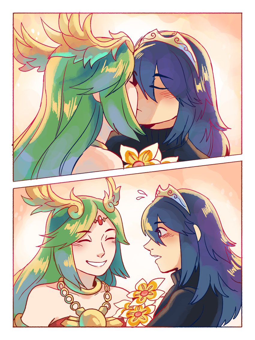 2girls absurdres bare_shoulders blue_eyes blush breasts closed_eyes dress fire_emblem fire_emblem:_kakusei flower frogbians green_eyes green_hair highres intelligent_systems jewelry kid_icarus kiss long_hair lucina multiple_girls nintendo nintendo_ead palutena smile sora_(company) super_smash_bros. super_smash_bros._ultimate super_smash_bros_for_wii_u_and_3ds tiara very_long_hair yuri