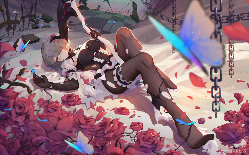 1girl asa_ni_haru black_gloves blush book breasts bug butterfly chains chess_piece chessboard corset elbow_gloves flower full_body gloves grey_hair hair_flower hair_ornament hair_over_one_eye highres honkai_impact horns insect leg_garter looking_at_viewer lying maid maid_headdress on_back pantyhose puffy_short_sleeves puffy_sleeves red_eyes red_flower red_rose rita_rossweisse rose scythe short_hair short_sleeves solo thighband_pantyhose torn_clothes torn_legwear