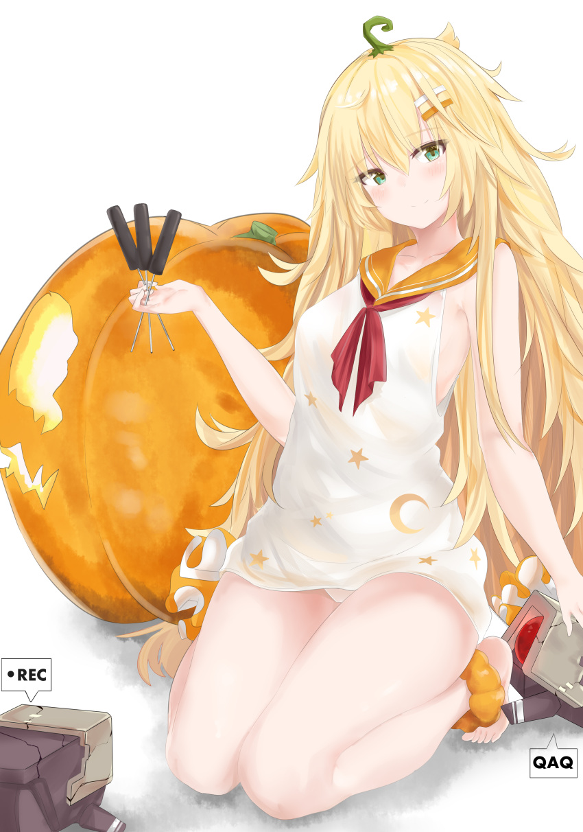 1girl absurdres alternate_costume ankle_scrunchie baggy_clothes bangs bare_shoulders barefoot between_legs blonde_hair blush breasts cardigan dinergate_(girls_frontline) dress eyebrows_visible_through_hair food food_themed_hair_ornament girls_frontline green_eyes hair_between_eyes hair_ornament hairband hairclip halloween highres holding holding_food kneeling long_hair looking_at_viewer messy_hair neckerchief off_shoulder open_cardigan open_clothes open_mouth orange_cardigan orange_sailor_collar pointing pumpkin pumpkin_hair_ornament red_neckwear ru_zhai s.a.t.8_(girls_frontline) sailor_collar sailor_dress scrunchie sidelocks silk smile very_long_hair white_dress