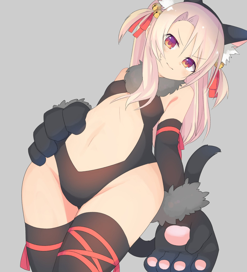 1girl animal_ears bell black_gloves black_legwear black_leotard brown_hair cat_ears cat_tail center_opening elbow_gloves fake_animal_ears fate/kaleid_liner_prisma_illya fate_(series) flat_chest gloves grey_background hair_ornament hairband hand_on_hip highres illyasviel_von_einzbern jingle_bell leotard long_hair navel paw_gloves paws red_eyes ribbon simple_background solo tail tail_ribbon thigh-highs two_side_up