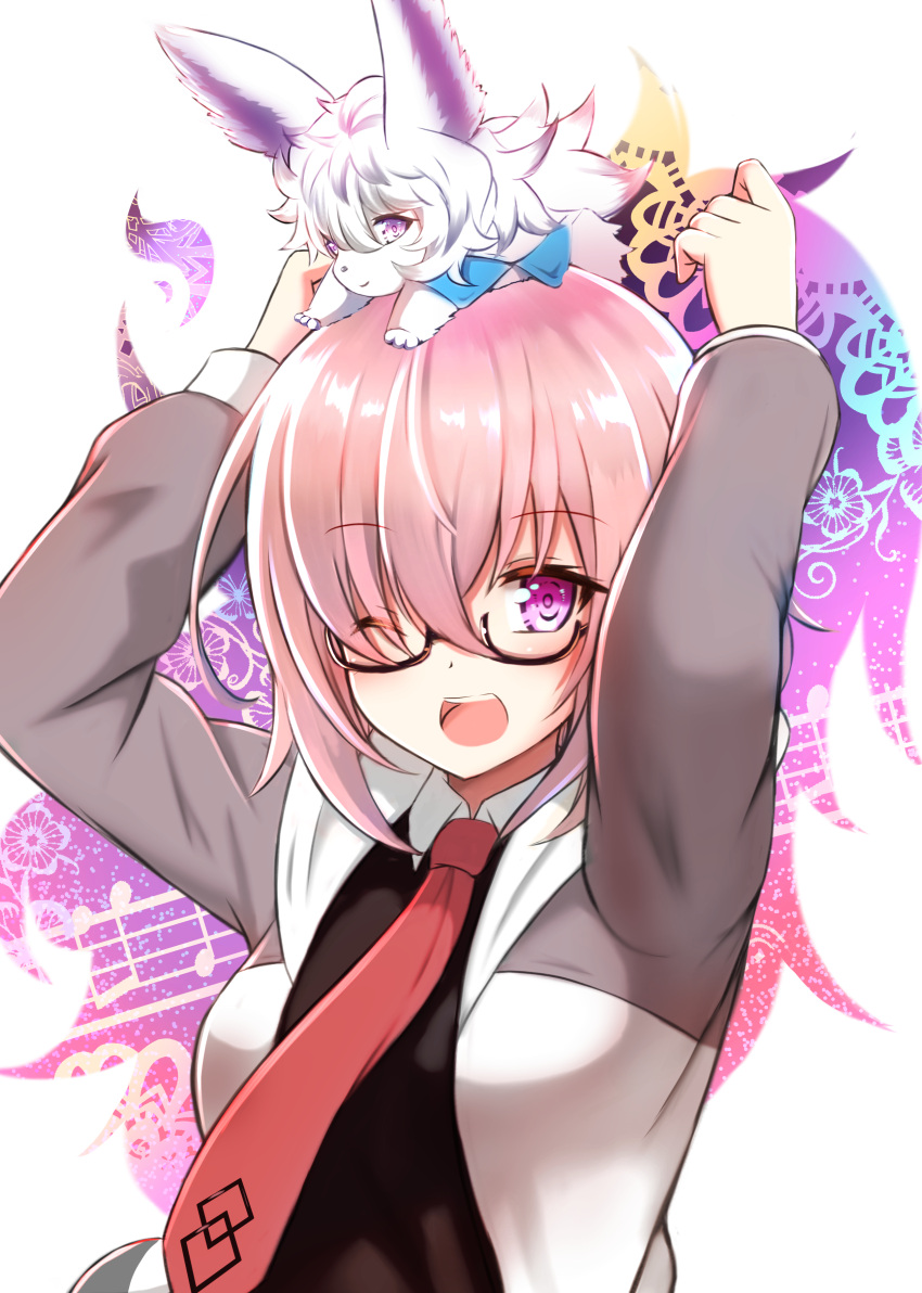 1girl ;d absurdres bangs black-framed_eyewear black_dress blush breasts collared_dress commentary_request creature dress eyebrows_visible_through_hair fate/grand_order fate_(series) fou_(fate/grand_order) glasses hair_over_one_eye highres hood hood_down hooded_jacket jacket long_sleeves looking_at_viewer mash_kyrielight medium_breasts necktie on_head one_eye_closed open_clothes open_jacket open_mouth pink_hair red_neckwear round_teeth shibakame sidelocks smile teeth upper_teeth violet_eyes white_jacket