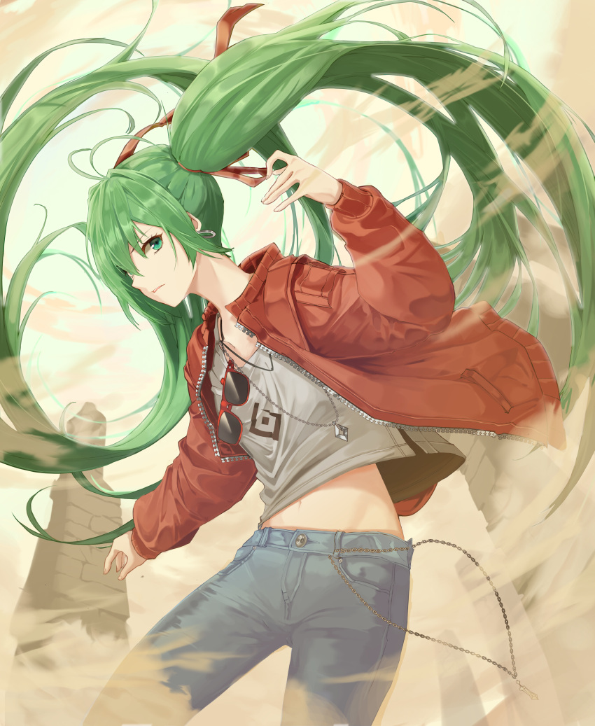 1girl absurdly_long_hair absurdres blue_pants curiosities_of_lotus_asia day denim dust eyewear_removed floating_hair green_eyes green_hair grey_shirt hair_over_one_eye hair_ribbon hatsune_miku highres jacket jeans jewelry leaning_to_the_side long_hair long_sleeves looking_at_viewer midriff mute_fanta855 navel necklace open_clothes open_jacket outdoors pants red-framed_eyewear red_jacket red_ribbon ribbon shirt solo standing stomach suna_no_wakusei_(vocaloid) sunglasses touhou very_long_hair vocaloid zipper