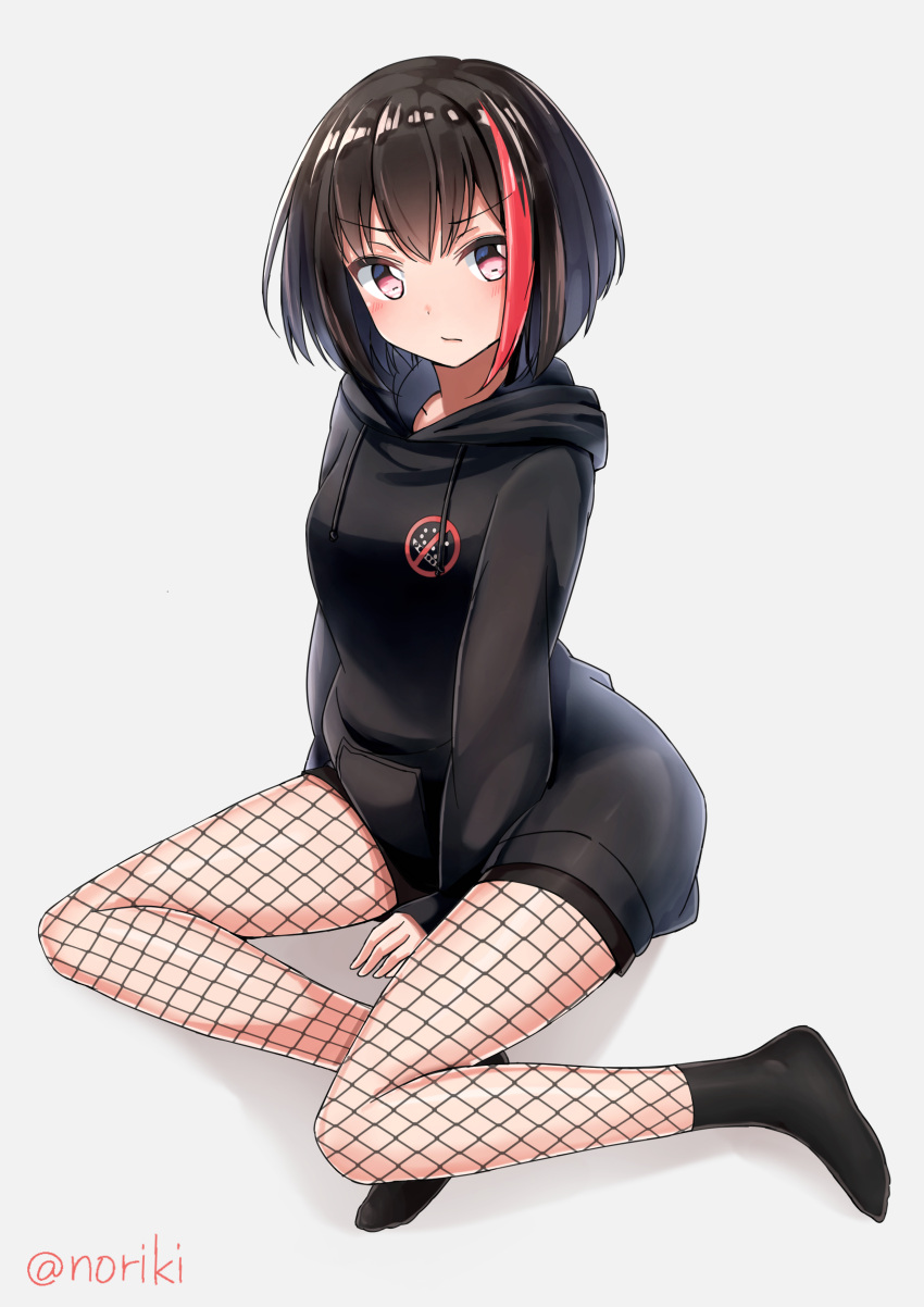 1girl absurdres bang_dream! bangs black_hoodie black_legwear blush breasts brown_hair closed_mouth commentary_request drawstring eyebrows_visible_through_hair fishnet_pantyhose fishnets full_body grey_background hair_between_eyes head_tilt highres honorikiti hood hood_down hoodie looking_at_viewer mitake_ran multicolored_hair no_shoes pantyhose red_eyes redhead small_breasts socks solo streaked_hair twitter_username