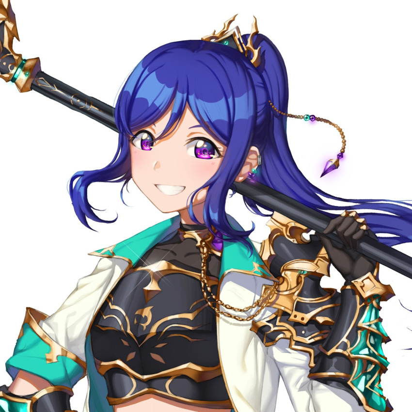 1girl :d armor bangs black_gloves blue_hair blush breastplate breasts coat collarbone corsetman crop_top floating_hair gauntlets glint gloves grin hair_ornament hand_up highres holding holding_spear holding_weapon long_hair long_sleeves love_live! love_live!_sunshine!! matsuura_kanan open_clothes open_coat open_mouth over_shoulder parted_bangs polearm ponytail shoulder_armor sidelocks simple_background sleeves_folded_up small_breasts smile solo spear tareme teeth upper_body violet_eyes weapon weapon_over_shoulder white_background white_coat wing_collar