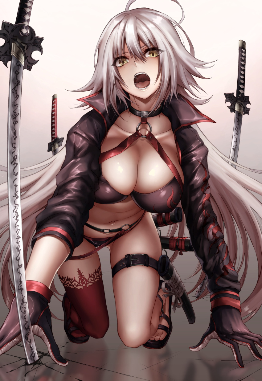 absurdres ahoge all_fours bikini black_bikini black_choker black_gloves black_jacket breasts choker cleavage collarbone commentary_request cropped_jacket fate/grand_order fate_(series) gloves gradient gradient_background highres hikari_(komitiookami) jacket jeanne_d'arc_(alter_swimsuit_berserker) jeanne_d'arc_(fate)_(all) katana large_breasts midriff navel o-ring o-ring_bikini o-ring_bottom o-ring_top open_mouth open_toe_shoes red_legwear shrug_(clothing) silver_hair single_thighhigh stomach swimsuit sword thigh-highs thigh_strap weapon yellow_eyes