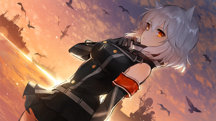 1girl aiguillette animal_ears bangs belt bismarck_(zhan_jian_shao_nyu) black_gloves elbow_gloves eyebrows_visible_through_hair gloves hand_up looking_at_viewer orange_eyes rama_(competitionentry) ship short_hair skirt sleeveless solo steelblue_mirage sunset watercraft white_hair zhan_jian_shao_nyu