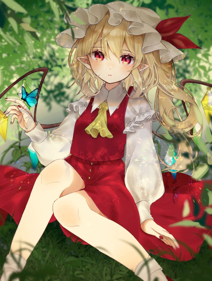 1girl arm_at_side ascot blonde_hair blurry blush bobby_socks butterfly_on_hand commentary_request crystal dappled_sunlight depth_of_field feet_out_of_frame flandre_scarlet frills grass hat hat_ribbon highres jpeg_artifacts knees_together_feet_apart long_hair long_sleeves looking_at_viewer mob_cap nail_polish on_grass one_side_up parted_lips pointy_ears red_eyes red_nails red_ribbon red_skirt red_vest ribbon shirt sitting skirt skirt_set socks solo sunlight touhou vest white_legwear white_shirt wings yedan yellow_neckwear