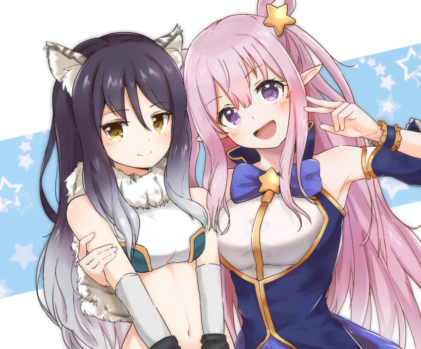 2girls :d animal_ear_fluff animal_ears arm_warmers armpits bangs bare_shoulders black_hair blue_neckwear blue_shirt blush bow bowtie breasts closed_mouth commentary_request crop_top dargo detached_sleeves eyebrows_visible_through_hair fur_collar gradient_hair hair_between_eyes hair_ornament hair_rings hand_up head_tilt kashiwazaki_hatsune kashiwazaki_shiori long_hair looking_at_viewer medium_breasts multicolored_hair multiple_girls navel open_mouth pink_hair pointy_ears princess_connect! princess_connect!_re:dive shirt siblings side-by-side sidelocks sisters sleeveless sleeveless_shirt smile star star_hair_ornament stomach two_side_up upper_body violet_eyes white_hair white_shirt yellow_eyes