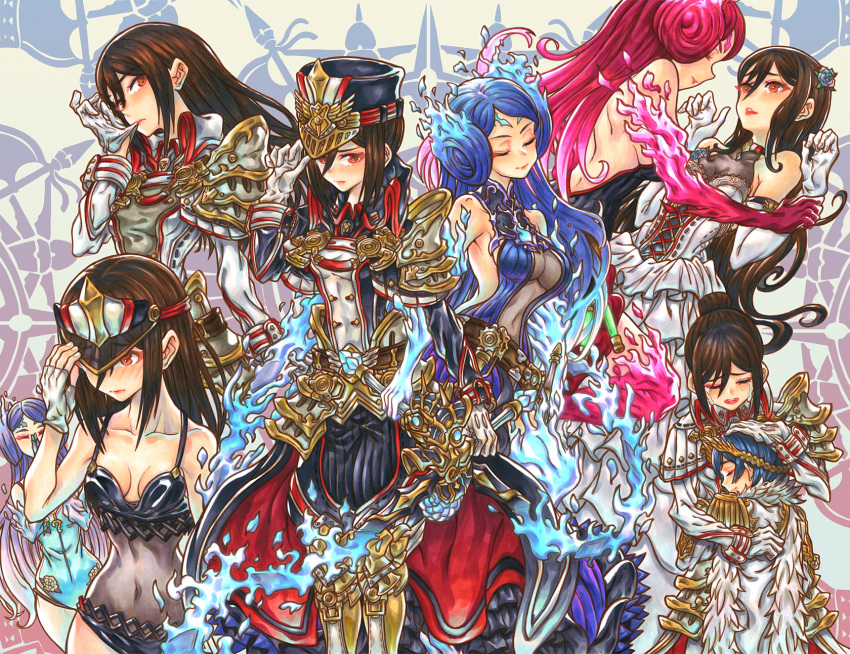 1boy 2girls alternate_costume bare_shoulders blue_fire blue_hair breasts brother_and_sister brown_hair cleavage closed_eyes collarbone covered_navel dress fire h9454cl6reg hat highres kagutsuchi_(xenoblade) large_breasts long_hair looking_at_viewer medium_breasts meleph_(xenoblade) military military_hat military_uniform multiple_girls multiple_persona neferu_(xenoblade) nintendo one-piece_swimsuit peaked_cap siblings swimsuit uniform very_long_hair xenoblade_(series) xenoblade_2 yuri