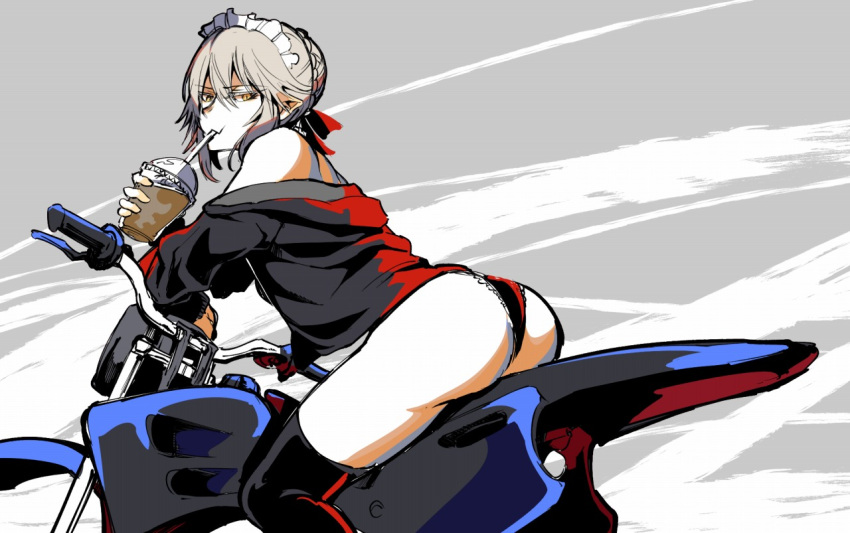 1girl arm_support artoria_pendragon_(all) ass blonde_hair braid fate/grand_order fate_(series) french_braid grey_background ground_vehicle hair_between_eyes hood hoodie leaning_forward looking_at_viewer maid_headdress motor_vehicle motorcycle off_shoulder saber_alter solo straw sucking takatsuki_nato thigh-highs thighs yellow_eyes