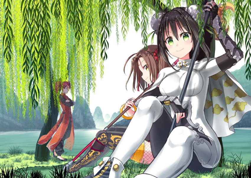 1boy 2girls arm_guards bangs black_gloves black_hair black_pants bodysuit breasts brown_hair bun_cover cape changpao china_dress chinese_clothes closed_mouth cloud_print coconat_summer day double_bun dress eyebrows_visible_through_hair facial_mark fate/grand_order fate_(series) fingerless_gloves fishnet_pantyhose fishnets forehead_mark gloves green_eyes hair_ornament hair_scrunchie holding holding_weapon knee_up knees_up li_shuwen_(fate/grand_order) medium_breasts multiple_girls nezha_(fate/grand_order) outdoors pants pantyhose profile qin_liangyu_(fate) red_scrunchie redhead river scrunchie sidelocks sitting skin_tight smile standing thighs tree twintails weapon white_cape yellow_eyes