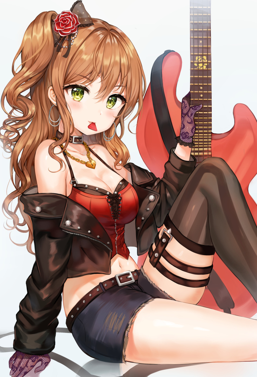 1girl absurdres arm_support bang_dream! bangs bare_shoulders belt blush bomber_jacket breasts brown_hair brown_jacket brown_legwear buckle cleavage collarbone denim denim_shorts earrings electric_guitar fishnet_gloves fishnets flower gloves green_eyes guitar hair_flower hair_ornament hair_ribbon heart heart_necklace highres holding holding_instrument hoop_earrings imai_lisa instrument jacket jewelry knee_up leather_choker long_hair medium_breasts midriff mouth_hold navel off_shoulder one_side_up open_clothes open_jacket plectrum purple_gloves ribbon short_shorts shorts sidelocks simple_background single_thighhigh sitting solo striped striped_legwear thigh-highs thigh_strap thighs tokkyu_(user_mwwe3558) unzipped wavy_hair white_background