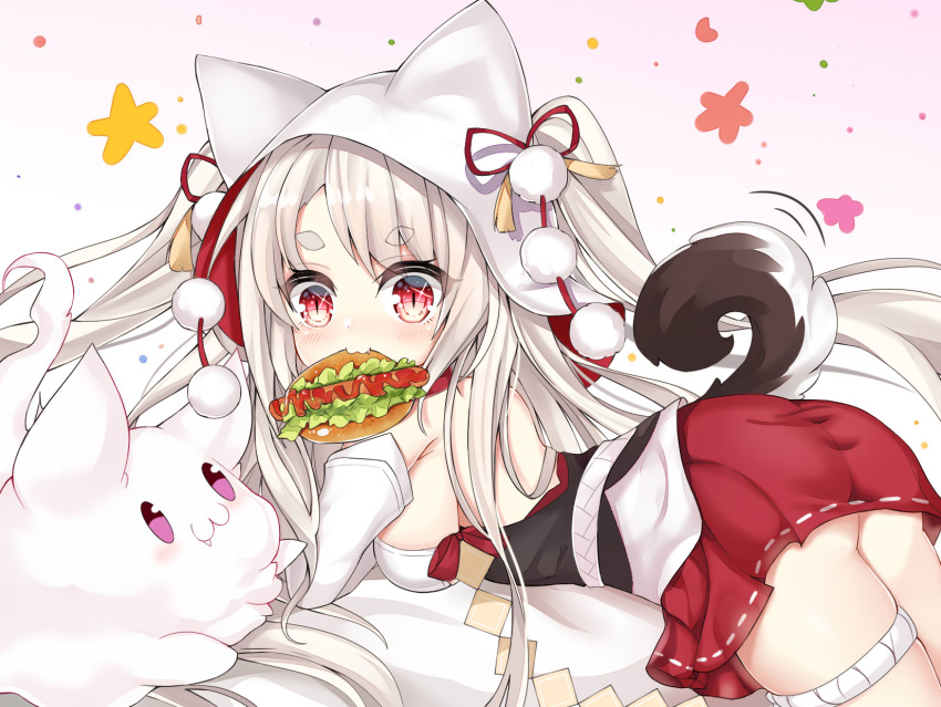 1girl :3 animal_ears animal_hood ass azur_lane bangs bare_shoulders blush breasts closed_mouth commentary_request creature detached_sleeves eyebrows_visible_through_hair fang fang_out food_in_mouth gradient gradient_background grey_hair highres hood hood_up hot_dog ju_(a793391187) long_hair long_sleeves medium_breasts mouth_hold pink_background pleated_skirt pom_pom_(clothes) red_eyes red_ribbon red_skirt ribbon short_eyebrows skirt slit_pupils solo tail tail_raised thick_eyebrows very_long_hair violet_eyes white_background white_sleeves wolf_ears wolf_girl wolf_hood wolf_tail yuudachi_(azur_lane)