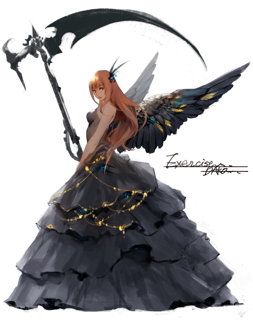 1girl artist_name black_dress black_wings blonde_hair blue_eyes commentary dako6995 dress feathered_wings from_side full_body hair_ornament highres jewelry long_dress long_hair looking_at_viewer looking_to_the_side original parted_lips scythe simple_background solo strapless strapless_dress very_long_hair white_background wings