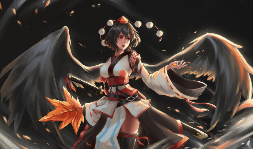 1girl absurdres arm_up bird_wings black_background black_hair black_legwear breasts contrapposto cowboy_shot feather_fan feathered_wings hat highres huge_filesize kourindou_tengu_costume large_wings light_trail looking_to_the_side medium_breasts parted_lips petals pom_pom_(clothes) red_eyes red_lips ribbon-trimmed_legwear ribbon-trimmed_sleeves ribbon_trim scabbard shameimaru_aya sheath sheathed short_hair solo sword thigh-highs tokin_hat touhou weapon wind wings ye_ming_(328648)