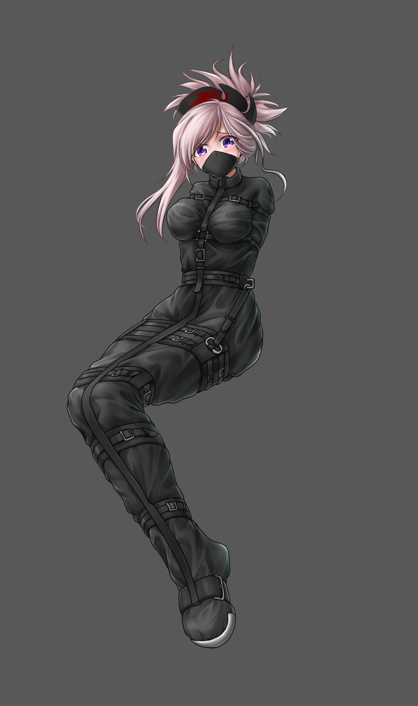 1girl 971197253 absurdres asymmetrical_hair bdsm belt_buckle bodysuit bondage bound buckle cloth_gag eyebrows_visible_through_hair face_mask fate/grand_order fate_(series) full_body gag gagged grey_background highres improvised_gag mask miyamoto_musashi_(fate/grand_order) over_the_nose_gag pink_hair restrained solo tears tied_up violet_eyes