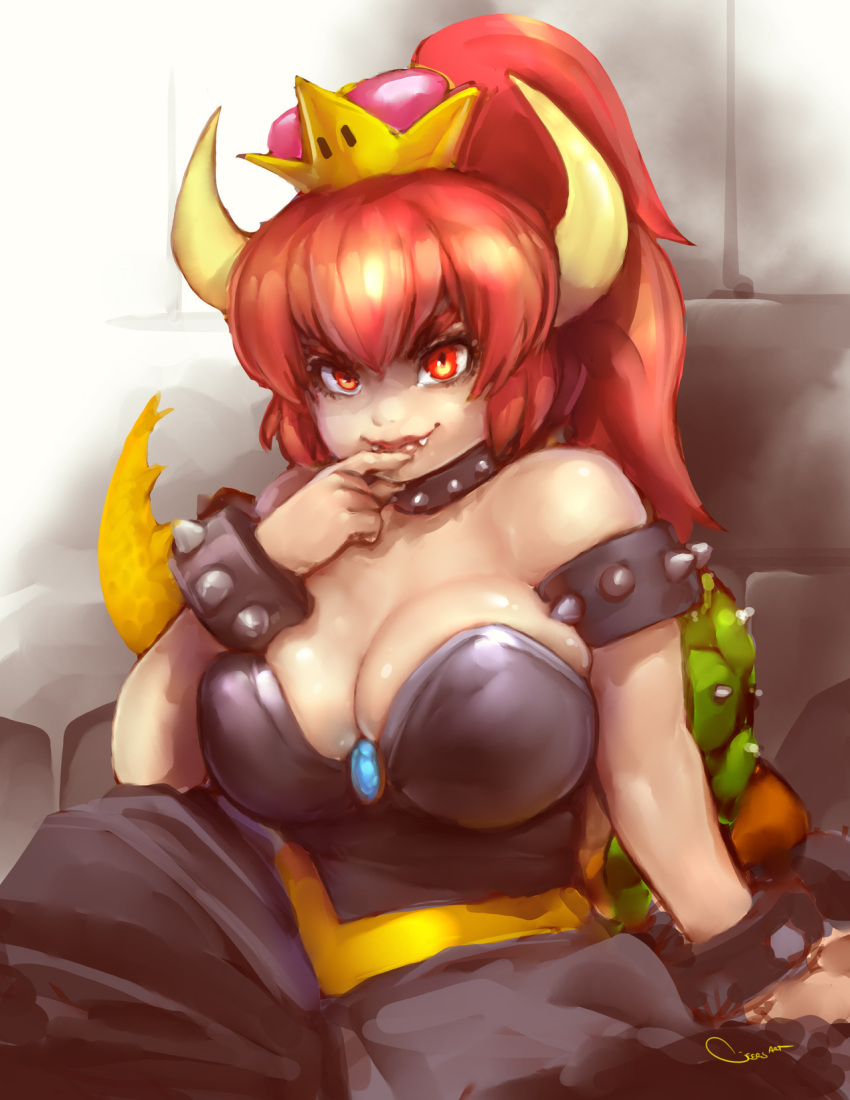 1girl alternate_hair_color bare_shoulders black_collar black_dress bowsette bracelet breasts brooch cleavage collar darren_geers dress fangs gem highres horns jewelry large_breasts long_hair looking_at_viewer super_mario_bros. new_super_mario_bros._u_deluxe nintendo pointy_ears ponytail red_eyes redhead sitting solo spiked_armlet spiked_bracelet spiked_collar spiked_shell spiked_tail spikes strapless strapless_dress super_crown tail turtle_shell