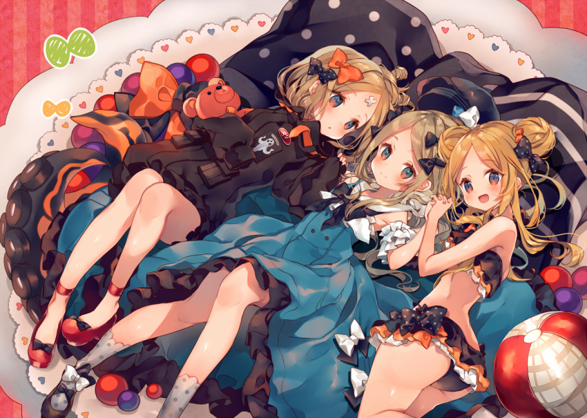 3girls :d abigail_williams_(fate/grand_order) ana_(rznuscrf) ass bangs bare_arms bare_shoulders bikini black_bikini black_bow black_footwear black_jacket blonde_hair blue_dress blush bow brown_eyes closed_mouth commentary_request dress emerald_float eyebrows_visible_through_hair fate/grand_order fate_(series) forehead grey_legwear hair_bow hair_bun hand_holding head_tilt heart heroic_spirit_traveling_outfit interlocked_fingers jacket knees_up long_hair long_sleeves looking_at_viewer lying multiple_girls multiple_persona object_hug on_back on_side open_mouth orange_bow parted_bangs parted_lips polka_dot polka_dot_bow polka_dot_legwear red_footwear shoes sleeveless sleeveless_dress sleeves_past_fingers sleeves_past_wrists smile socks striped striped_background stuffed_animal stuffed_toy swimsuit teddy_bear vertical-striped_background vertical_stripes