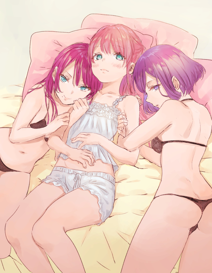 3girls aqua_eyes arm_grab bed_sheet black_bra black_panties blush bomhat bra brown_hair grey_background highres looking_at_viewer lying midriff mole mole_under_mouth multiple_girls navel on_back on_side on_stomach original panties pink_pillow purple_hair shiny shiny_hair shirt short_hair short_shorts shorts simple_background sleeveless sleeveless_shirt smile stomach traditional_media underwear underwear_only violet_eyes white_shirt white_shorts