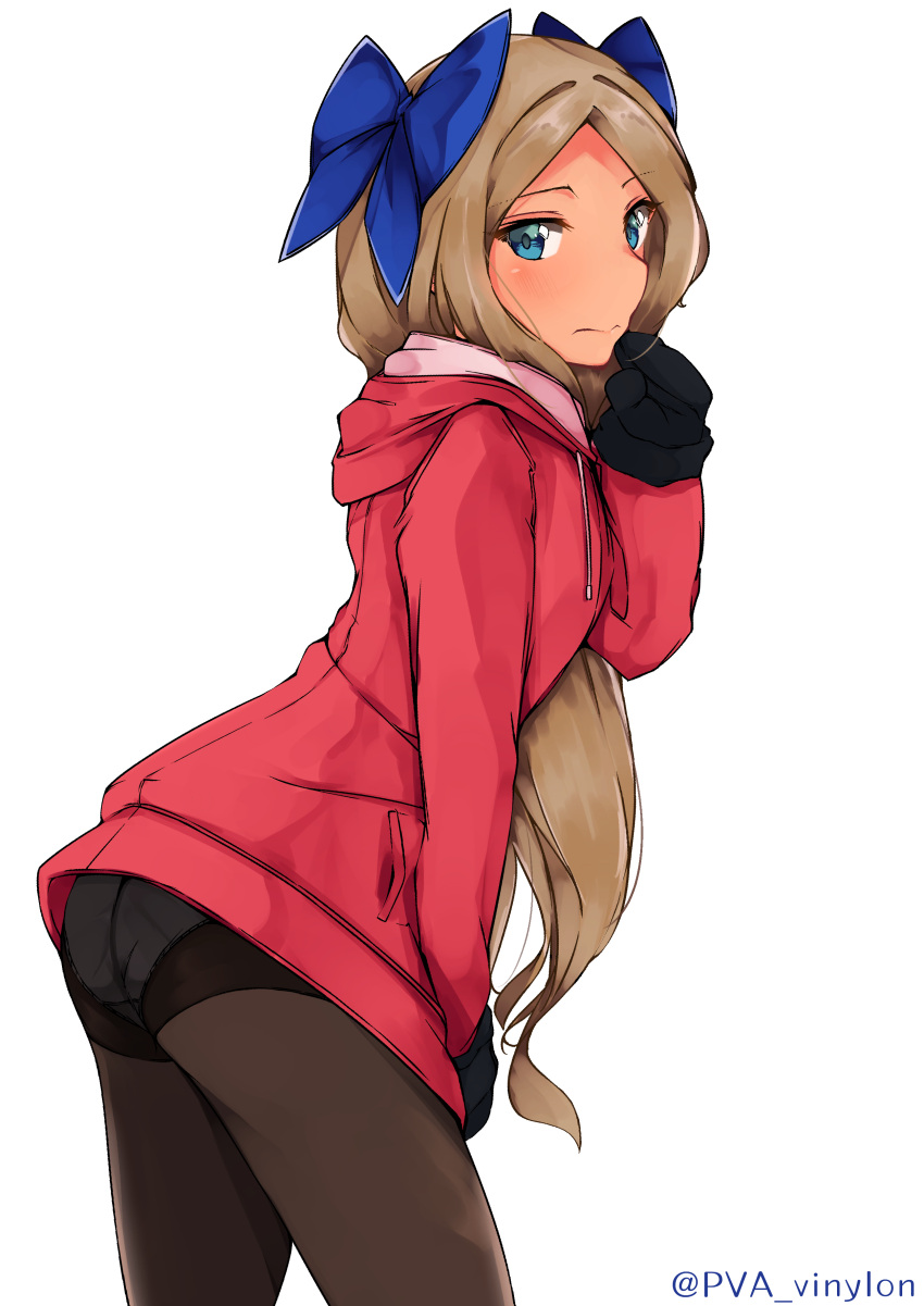 1girl absurdres alternate_costume asakaze_(kantai_collection) bangs blue_bow blue_eyes blush bow brown_hair commentary_request cowboy_shot drawstring hair_bow hand_on_own_chin highres hood hooded_jacket jacket kantai_collection long_hair looking_at_viewer mittens no_pants panties panties_under_pantyhose pantyhose parted_bangs simple_background solo thighband_pantyhose thighs twitter_username underwear uut very_long_hair white_background