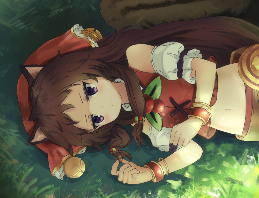 1girl animal_ears bangs bare_shoulders bell belt blush bracelet brown_hair chestnut closed_mouth commentary_request crop_top dargo detached_sleeves frown grass hair_ornament headdress jewelry jingle_bell jitome leaf long_hair looking_at_viewer lying midriff morichika_rin navel on_side outdoors princess_connect! princess_connect!_re:dive puffy_short_sleeves puffy_sleeves red_shirt shirt short_sleeves solo squirrel_ears squirrel_tail stomach tail violet_eyes