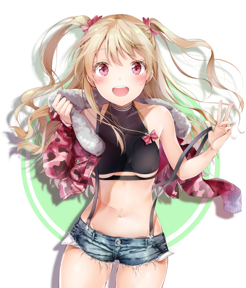 1girl :d absurdres blonde_hair blue_shorts blush bow breasts cowboy_shot crop_top denim denim_shorts floating_hair fur-trimmed_jacket fur_trim hair_bow highres jacket long_hair looking_at_viewer midriff navel open_clothes open_jacket open_mouth original pink_jacket red_bow red_eyes short_shorts shorts simple_background small_breasts smile solo standing stomach suspender_shorts suspenders torn_clothes torn_shorts twintails under_boob white_background yoshida_iyo