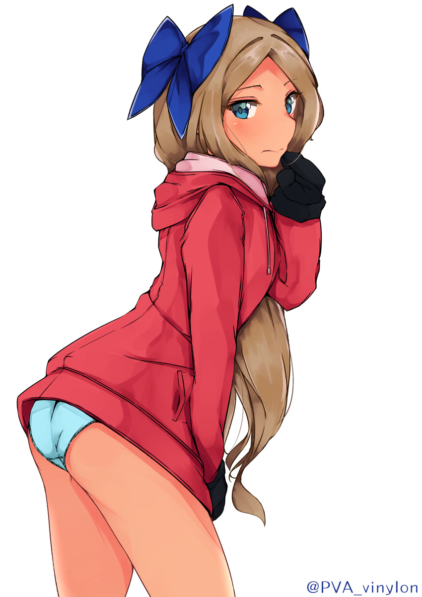 1girl absurdres alternate_costume asakaze_(kantai_collection) bangs blue_bow blue_eyes blush bow brown_hair cowboy_shot drawstring hair_bow hand_on_own_chin highres hood hooded_jacket jacket kantai_collection long_hair looking_at_viewer mittens no_pants panties parted_bangs simple_background solo thighs twitter_username underwear uut very_long_hair white_background