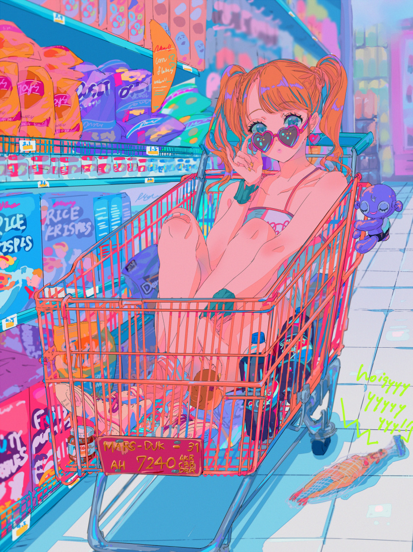 1girl bare_shoulders blue_eyes bottle box brand_name_imitation brown_hair chips food heart heart-shaped_eyewear highres looking_at_viewer najuco_(naju0517) orange_legwear original pushcart rice_krispies rubber_chicken sitting socks solo sunglasses twintails