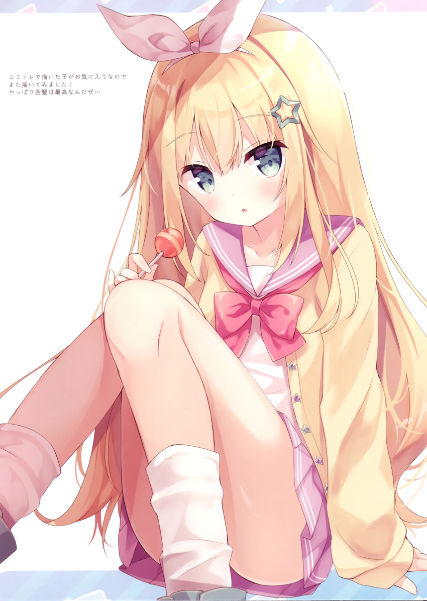 1girl :o absurdres arm_support bangs blonde_hair blue_eyes blush bow bowtie candy cardigan collarbone eyebrows_visible_through_hair food hair_between_eyes hair_bow hair_ornament hairband highres holding hoshi_(snacherubi) lollipop long_hair miniskirt open_cardigan open_clothes original pink_bow pink_cardigan pink_sailor_collar pink_skirt pleated_skirt red_bow red_neckwear sailor_collar shirt sitting skirt socks solo star star_hair_ornament very_long_hair white_background white_legwear white_shirt