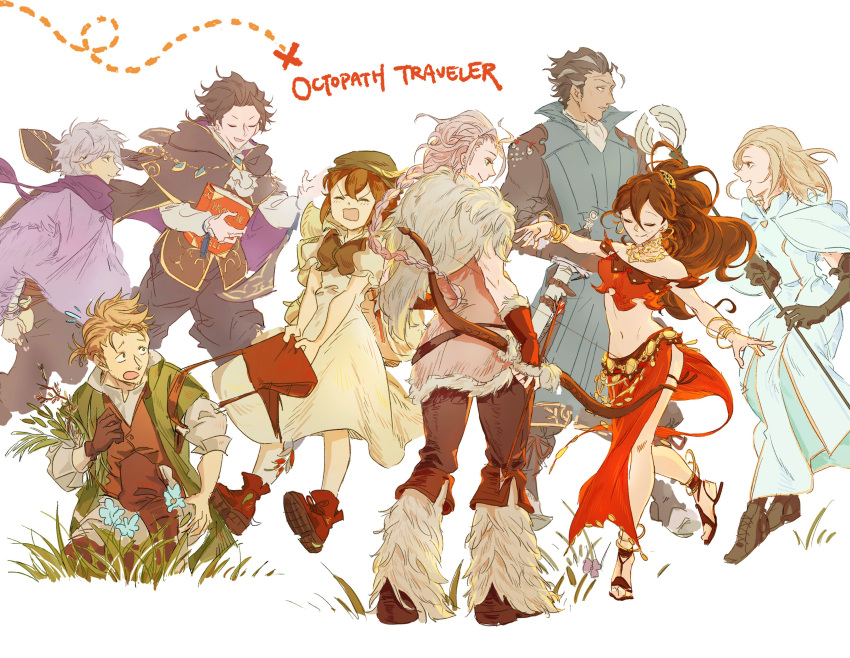 absurdres alfyn_(octopath_traveler) armor blonde_hair bracelet braided_ponytail brown_hair cloak cyrus_(octopath_traveler) dancer dress fringe_trim gloves h'aanit_(octopath_traveler) hahahashagi hat highres jewelry linde_(octopath_traveler) long_hair multiple_boys multiple_girls necklace octopath_traveler olberic_eisenberg open_mouth ophilia_(octopath_traveler) ponytail primrose_azelhart short_hair simple_background smile snow_leopard therion_(octopath_traveler) tressa_(octopath_traveler)