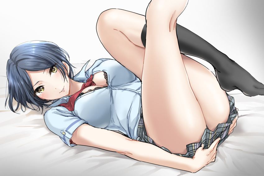 1girl ass bangs bed_sheet black_legwear black_panties blue_hair blue_shirt blush breasts cleavage collared_shirt eyebrows_visible_through_hair forehead grey_skirt hayami_kanade highres idolmaster idolmaster_cinderella_girls idolmaster_cinderella_girls_starlight_stage kneehighs legs_up looking_at_viewer looking_to_the_side lying medium_breasts no_shoes oimo on_back panties parted_bangs parted_lips plaid plaid_skirt pleated_skirt red_neckwear shirt short_sleeves skirt solo underwear yellow_eyes