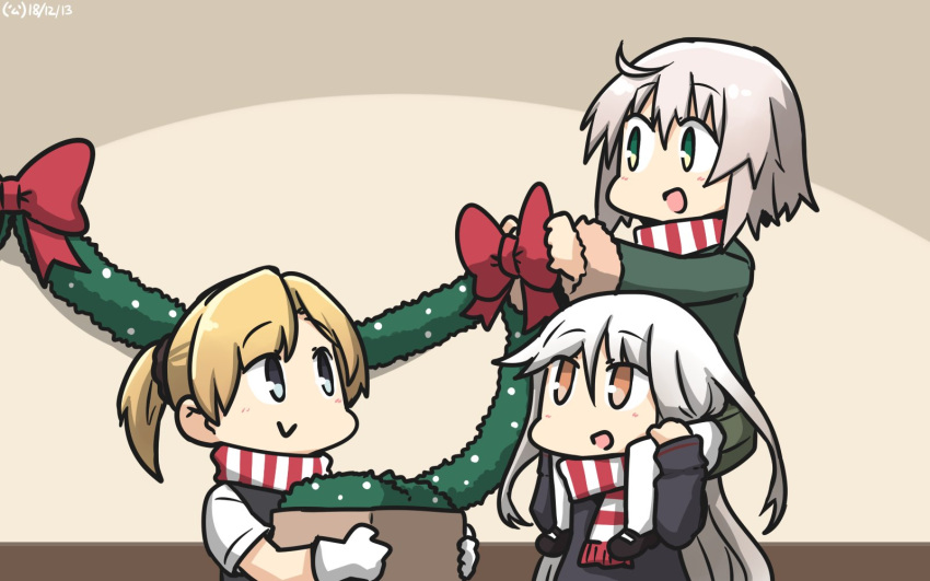 3girls asymmetrical_hair bangs black_serafuku blonde_hair box carrying commentary_request crescent crescent_hair_ornament crescent_moon_pin dated fur-trimmed_sleeves fur_trim gloves green_eyes green_skirt grey_eyes hair_ornament hamu_koutarou highres jacket kantai_collection kikuzuki_(kantai_collection) long_sleeves maikaze_(kantai_collection) multiple_girls neck_ribbon orange_eyes pantyhose parted_bangs pleated_skirt ponytail red_ribbon ribbon scarf school_uniform scrunchie serafuku shimushu_(kantai_collection) short_hair short_ponytail shoulder_carry skirt striped striped_scarf upper_body vest white_gloves white_hair white_legwear