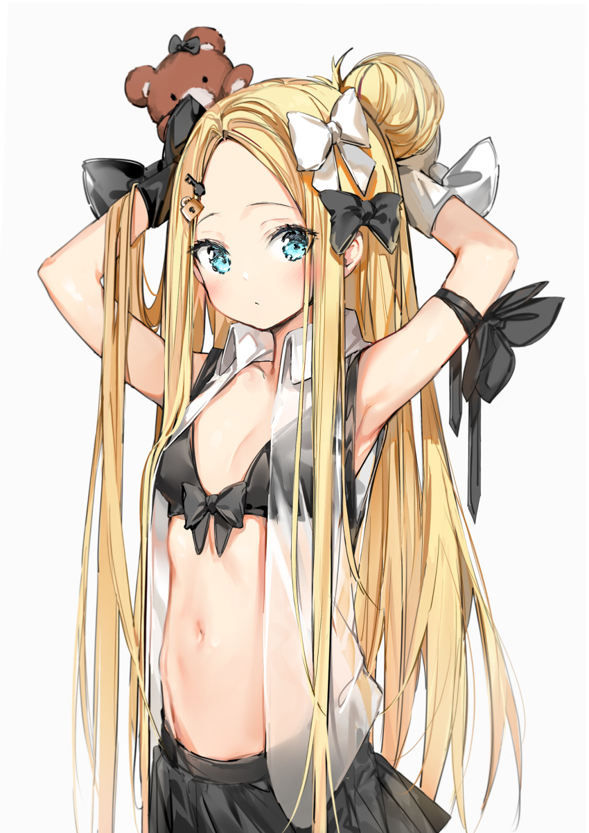 1girl abigail_williams_(fate/grand_order) absurdres arms_up bangs bikini black_bikini black_bow black_skirt blonde_hair blue_eyes blush bow breasts closed_mouth collared_jacket commentary_request fate/grand_order fate_(series) forehead grey_background hair_bow hair_bun hair_ornament highres jacket key_hair_ornament lock long_hair looking_at_viewer navel open_clothes open_jacket padlock parted_bangs pleated_skirt see-through silver_(chenwen) simple_background skirt sleeveless sleeveless_jacket small_breasts solo stuffed_animal stuffed_toy swimsuit teddy_bear very_long_hair white_bow