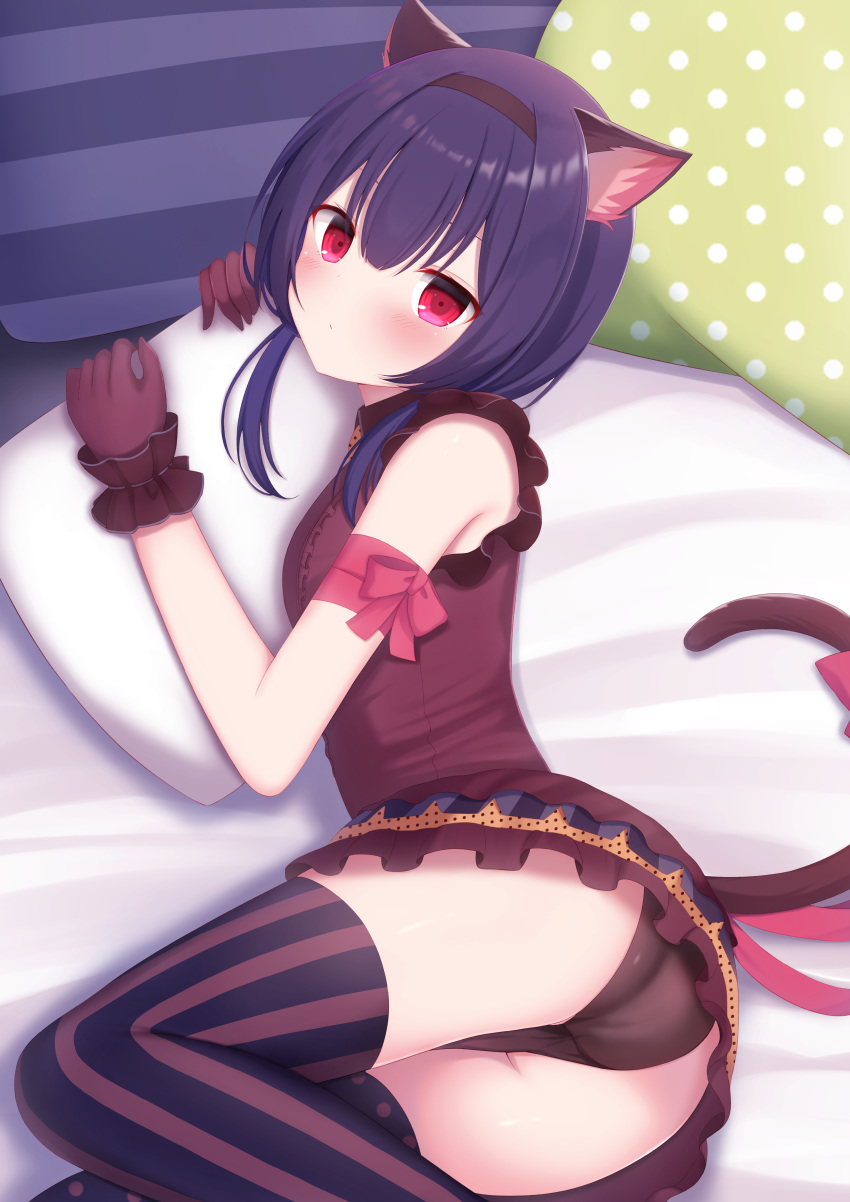 1girl absurdres animal_ears arm_ribbon ass bangs bare_shoulders bed black_legwear black_panties blush breasts cat_ears cat_tail closed_mouth commentary_request crotch_seam dress firepo frilled_dress frills gloves hair_between_eyes hairband hands_up head_tilt highres idolmaster idolmaster_shiny_colors looking_at_viewer looking_up lying mismatched_legwear morino_rinze on_bed on_side panties pillow pillow_hug pink_ribbon polka_dot polka_dot_legwear purple_dress purple_gloves purple_hair red_eyes ribbon shiny shiny_hair short_hair short_twintails small_breasts solo striped striped_legwear tail thigh-highs twintails underwear
