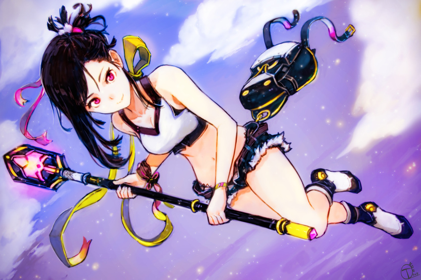 1girl bag belt black_hair black_panties boots breasts cleavage cutoffs dated dutch_angle full_body hair_ribbon highres holding holding_staff long_hair looking_at_viewer medium_breasts midriff okuto original panties red_eyes ribbon shorts signature sky smile solo staff tank_top underwear