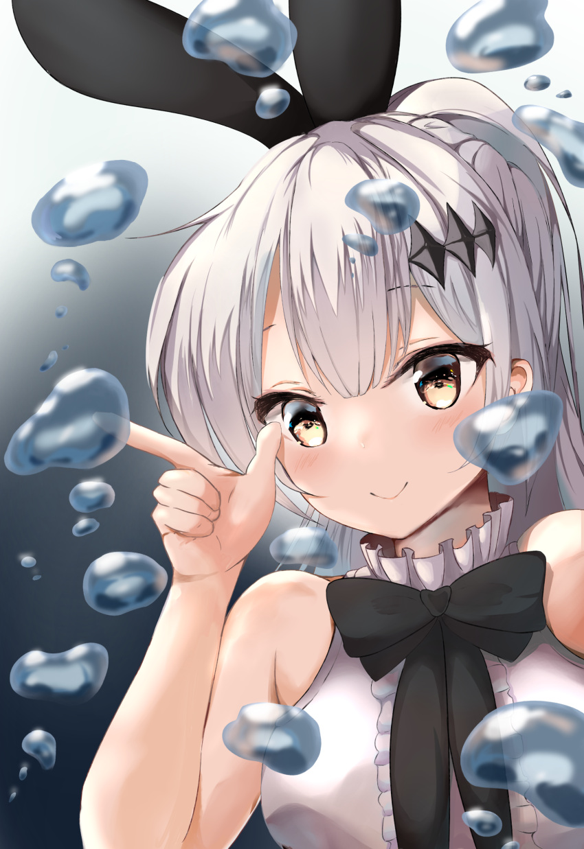 1girl absurdres animal_ears blush breasts closed_mouth five-seven_(girls_frontline) girls_frontline hair_ornament highres large_breasts looking_at_viewer ponytail rabbit_ears silver_hair simple_background solo zengi