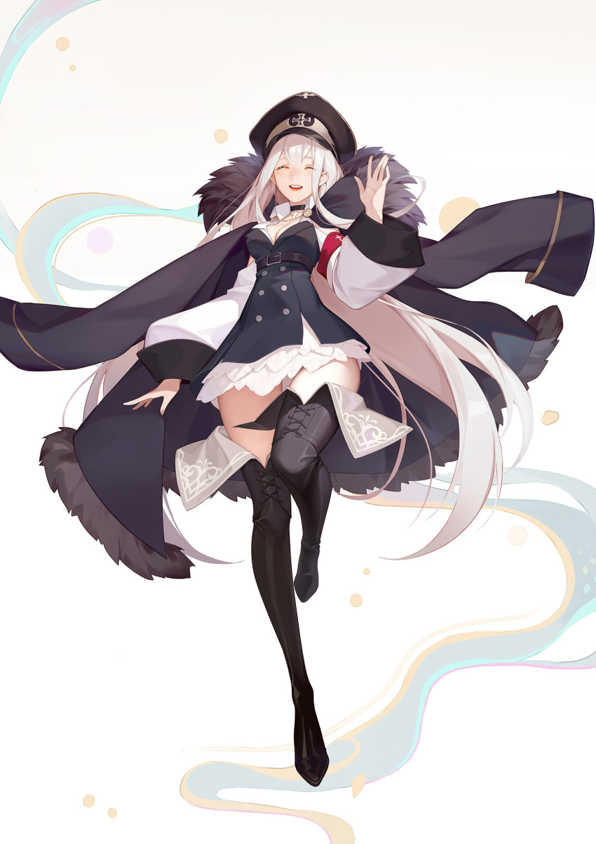 1girl :d ^_^ black_footwear boots breasts choker cleavage closed_eyes closed_eyes dress full_body ginxiee girls_frontline hand_up hat highres jacket_on_shoulders kar98k_(girls_frontline) long_hair medium_breasts open_mouth rosary short_dress sidelocks simple_background smile solo thigh-highs thigh_boots thighs upper_teeth very_long_hair white_hair wide_sleeves
