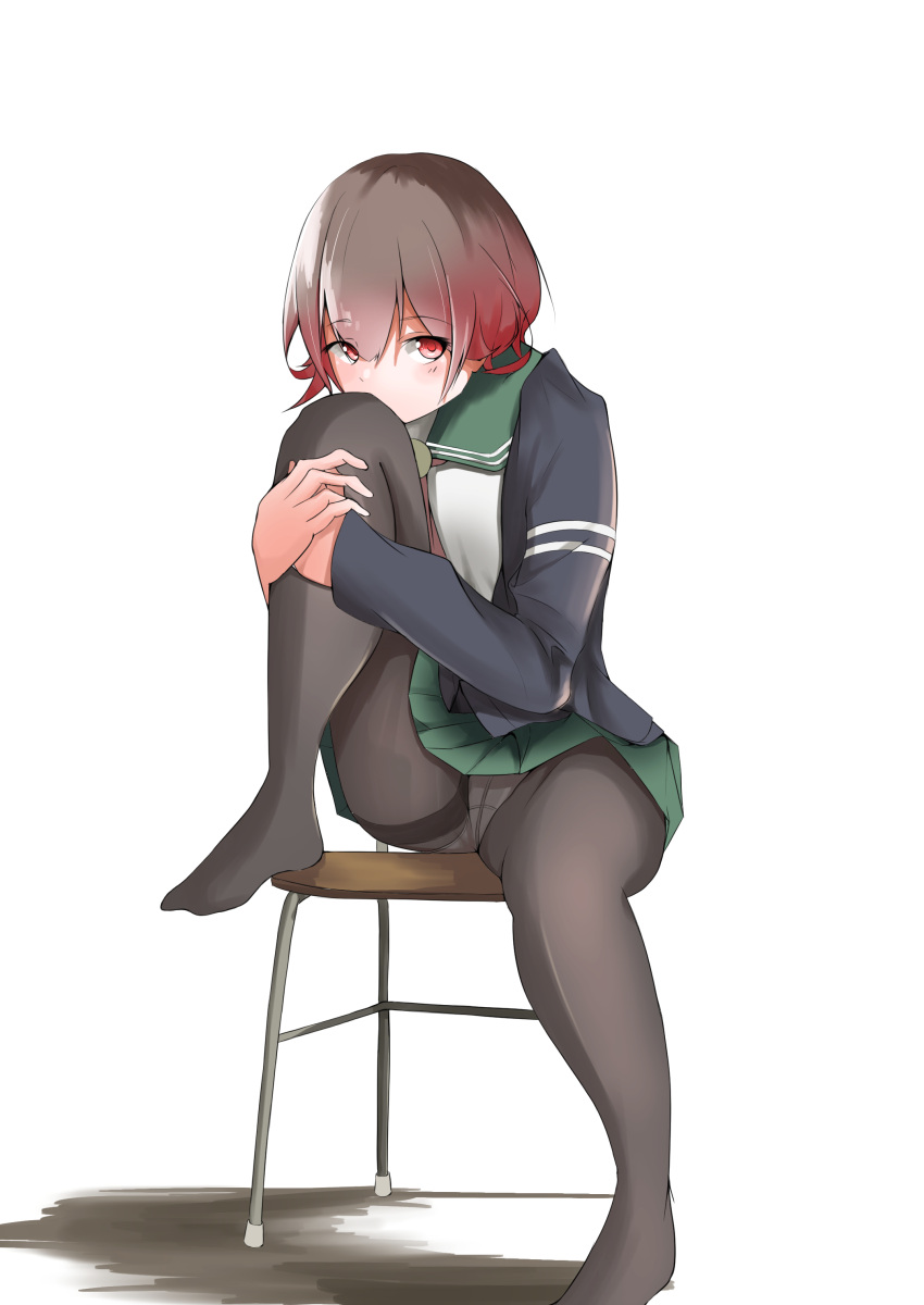 1girl absurdres akinoji_(akiponpon27) black_legwear brown_hair crescent crotch_seam eyebrows_visible_through_hair full_body gradient_hair green_sailor_collar green_skirt hair_between_eyes highres jacket kantai_collection leg_grab long_sleeves looking_at_viewer multicolored_hair mutsuki_(kantai_collection) neckerchief panties panties_under_pantyhose pantyhose pantyshot pleated_skirt redhead remodel_(kantai_collection) sailor_collar school_uniform serafuku shadow short_hair simple_background sitting skirt thighband_pantyhose underwear white_background