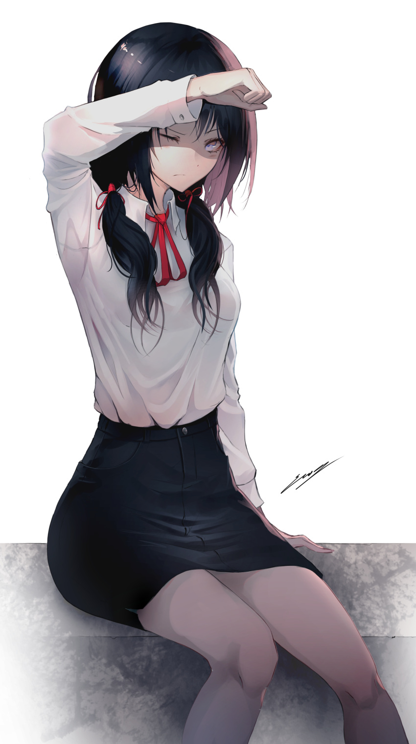 1girl absurdres arm_support arm_up bangs black_hair black_skirt blush closed_mouth collared_shirt commentary english_commentary erospanda frown hair_between_eyes hair_ribbon highres long_hair long_sleeves looking_at_viewer neck_ribbon one_eye_closed original pencil_skirt red_ribbon ribbon shading_eyes shirt sidelocks signature sitting skirt solo v-shaped_eyebrows violet_eyes white_background white_shirt