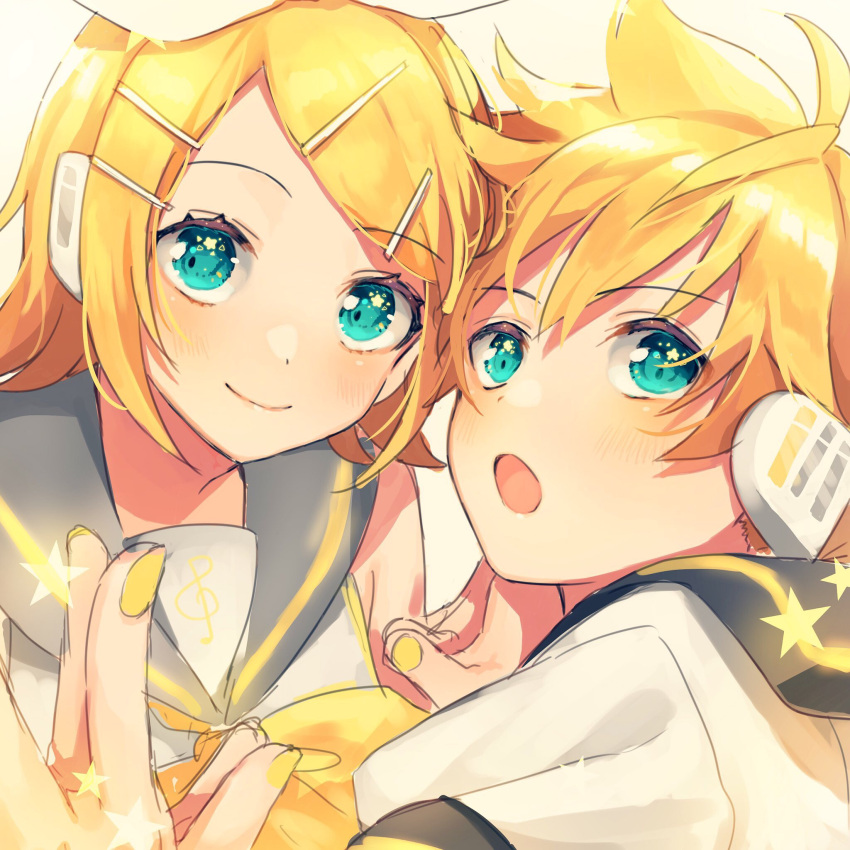 +_+ 1boy 1girl :o aqua_eyes blonde_hair blush bow close-up commentary eyebrows_visible_through_hair face fingernails hair_bow hands_together happy headset highres kagamine_len kagamine_rin looking_at_viewer looking_away musical_note nail_polish open_mouth ribbon sailor_collar shaded_face shinotarou_(nagunaguex) short_hair simple_background smile star treble_clef upper_body vocaloid white_background white_ribbon yellow_nails