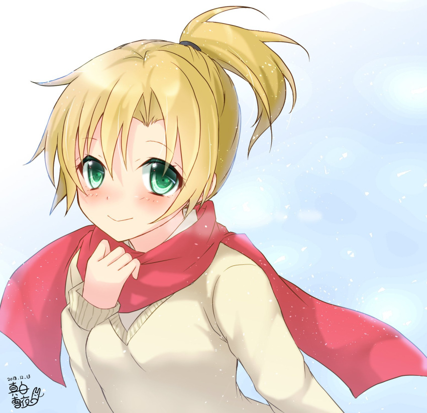 0yukiya0 1girl alternate_costume artist_logo bangs beige_sweater blonde_hair commentary_request dated green_eyes highres kantai_collection looking_at_viewer maikaze_(kantai_collection) parted_bangs ponytail red_scarf scarf short_hair short_ponytail smile solo white_background