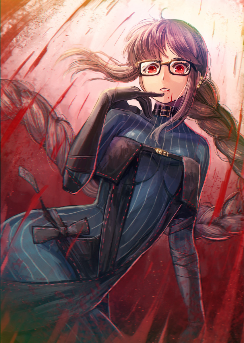 1girl bangs black_dress blood blood_from_mouth bodysuit braid breasts brown_hair choker commentary_request consort_yu_(fate) dress fate/grand_order fate_(series) finger_to_chin glasses highres kuroi_susumu long_hair looking_at_viewer red_eyes single_braid solo strapless strapless_dress striped_bodysuit very_long_hair