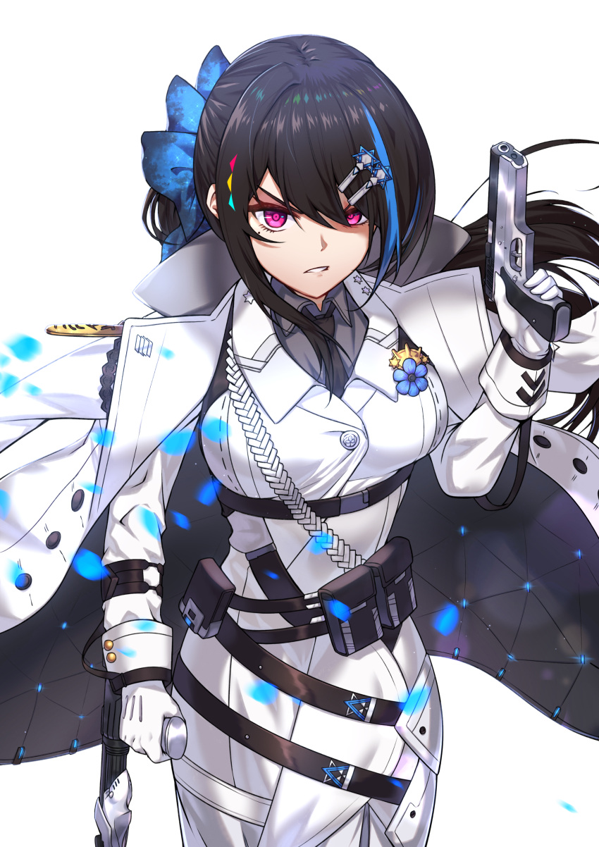 1girl absurdres aiguillette bangs black_hair blue_bow blue_hair bow crutch dress eyebrows_visible_through_hair girls_frontline grey_shirt gun hair_bow hair_ornament hairclip handgun hexagram highres holding holding_crutch imi_jericho jacket jacket_on_shoulders jericho_(girls_frontline) light_particles long_hair long_sleeves looking_at_viewer medal multicolored_hair multiple_straps necktie open_clothes open_jacket panix2383 parted_lips pistol pouch shirt simple_background sleeve_cuffs solo sparkle star star_of_david streaked_hair taut_clothes violet_eyes weapon white_background white_dress white_jacket